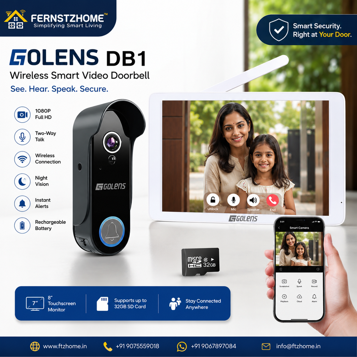 GOLENS DB1 Wireless Smart Video Doorbell