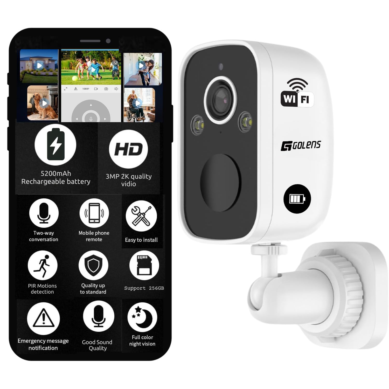 Golens WC09K 2K WiFi CCTV Camera 5000mAh Rechargeable Battery