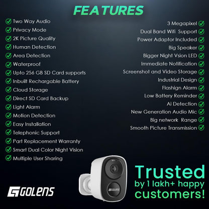 Golens WC09K 2K WiFi CCTV Camera 5000mAh Rechargeable Battery