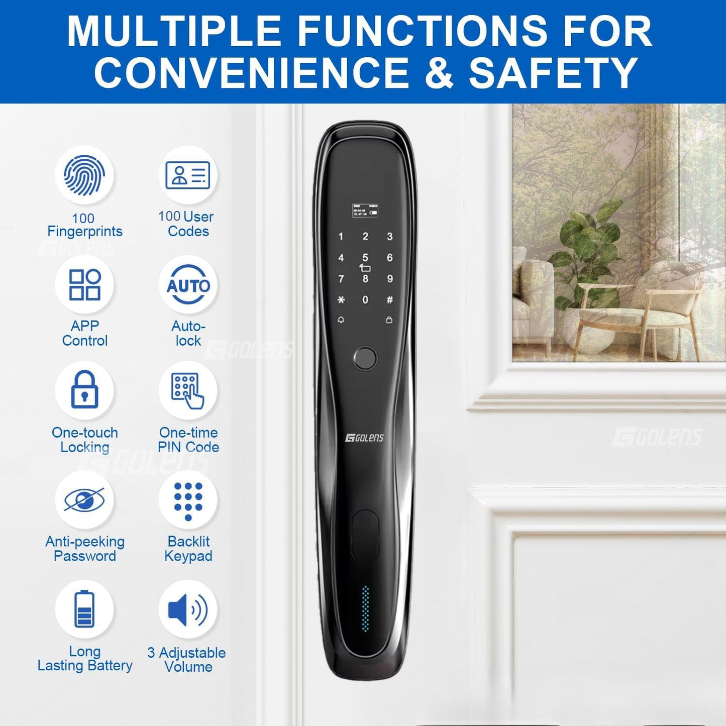 Golens X2 Black Smart Door Lock 7-in-1 Fingerprint Keyless Entry