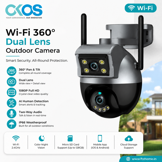 OKOS Smart Wi-Fi 360° Dual Lens Outdoor Security Camera | 4MP PTZ | AI Tracking