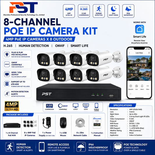 PST 8-Channel 4MP PoE IP Camera Kit with 8 Outdoor Cameras | H.265