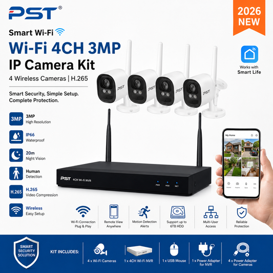 PST Smart Wi-Fi Waterproof 4CH 3MP IP Camera Kit | 4 Wireless Cameras | H.265