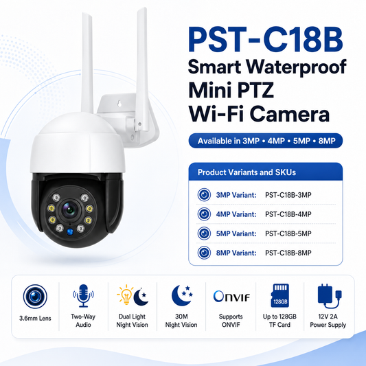 PST-C18B Smart Waterproof Mini PTZ Wi-Fi Camera – 3MP, 4MP, 5MP & 8MP