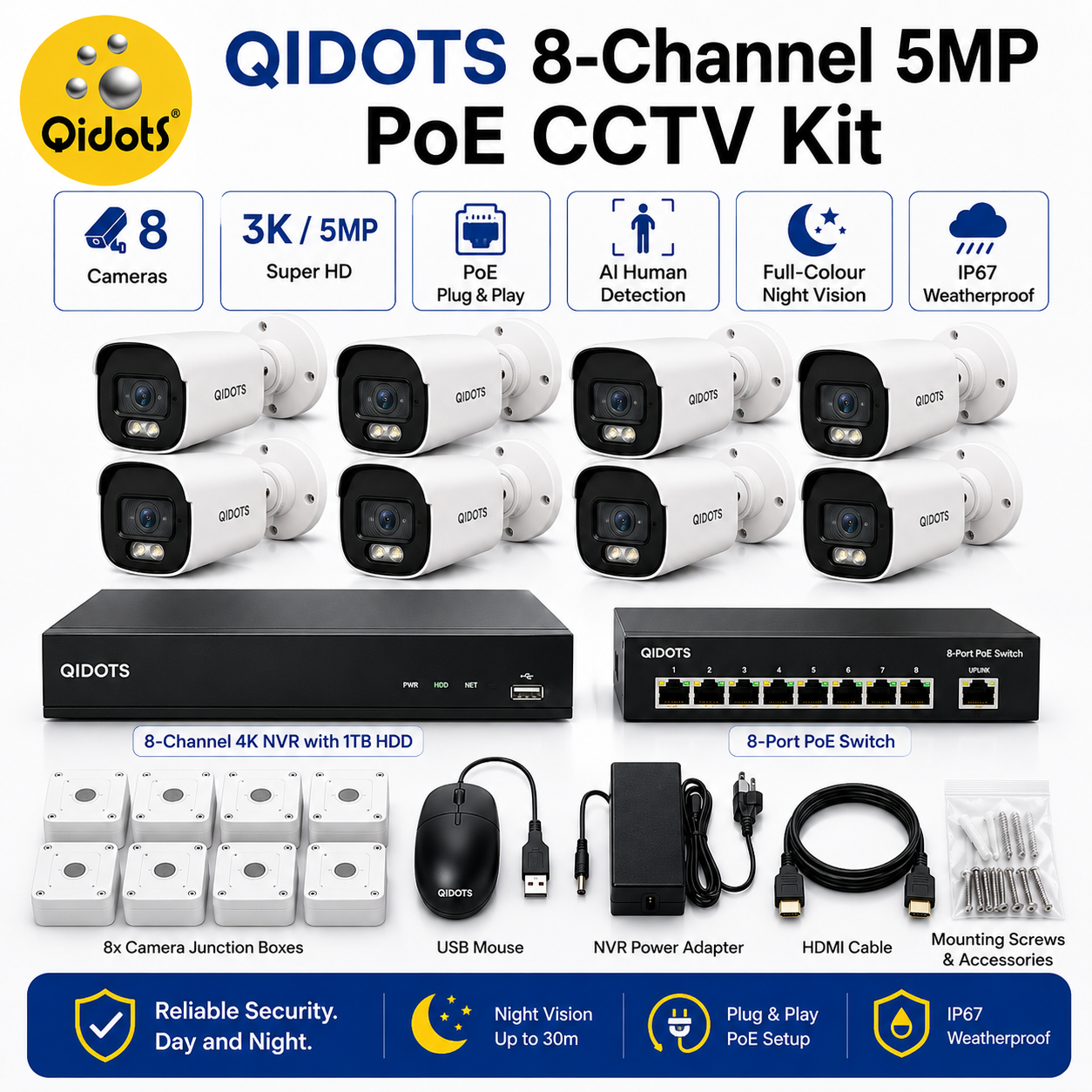 QIDOTS 8MP 4K PoE Bullet Security Cameras – Pack of 8