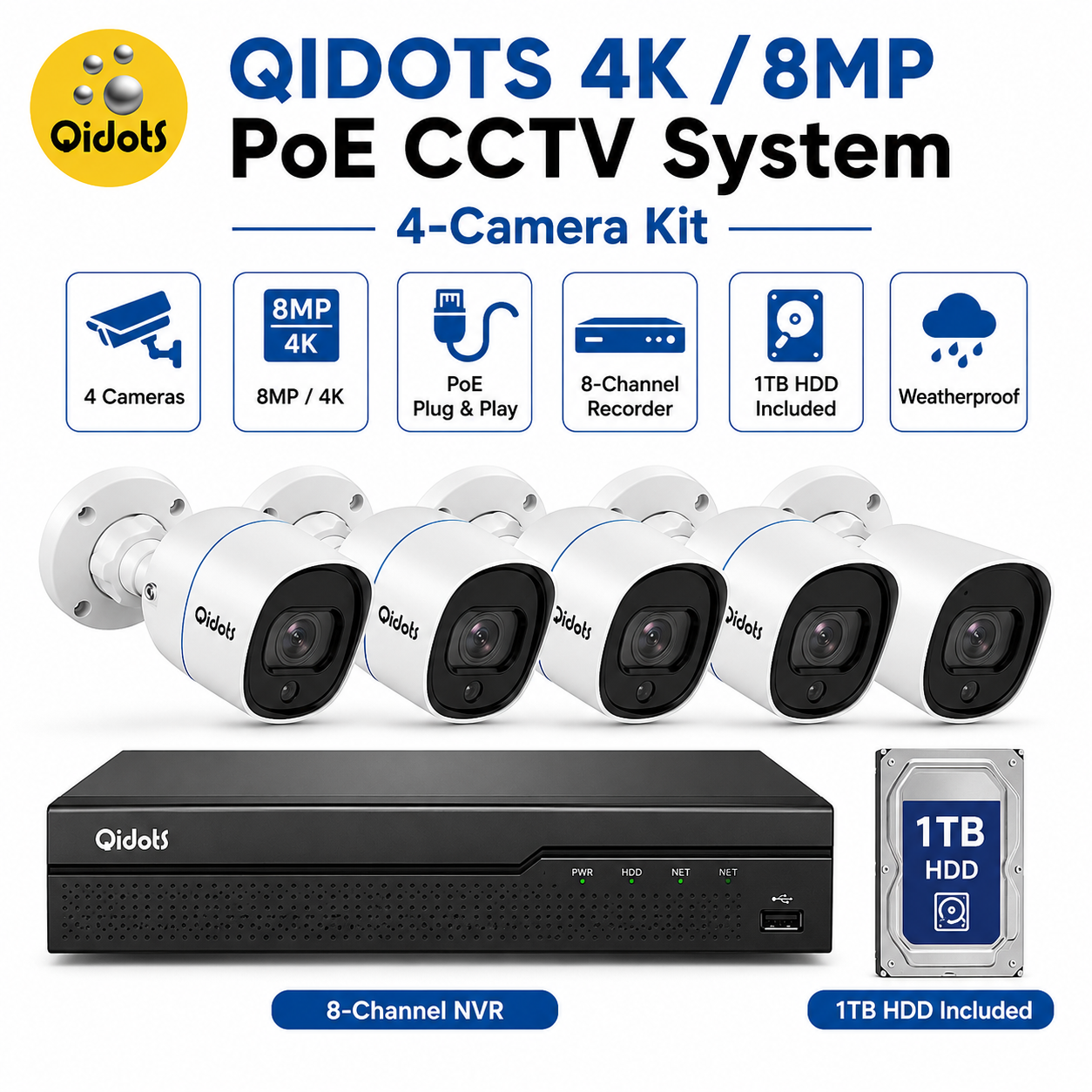QIDOTS 8-Channel 4K CCTV Security Kit | 8MP Cameras x4, AI Detection &amp; 1TB Storage