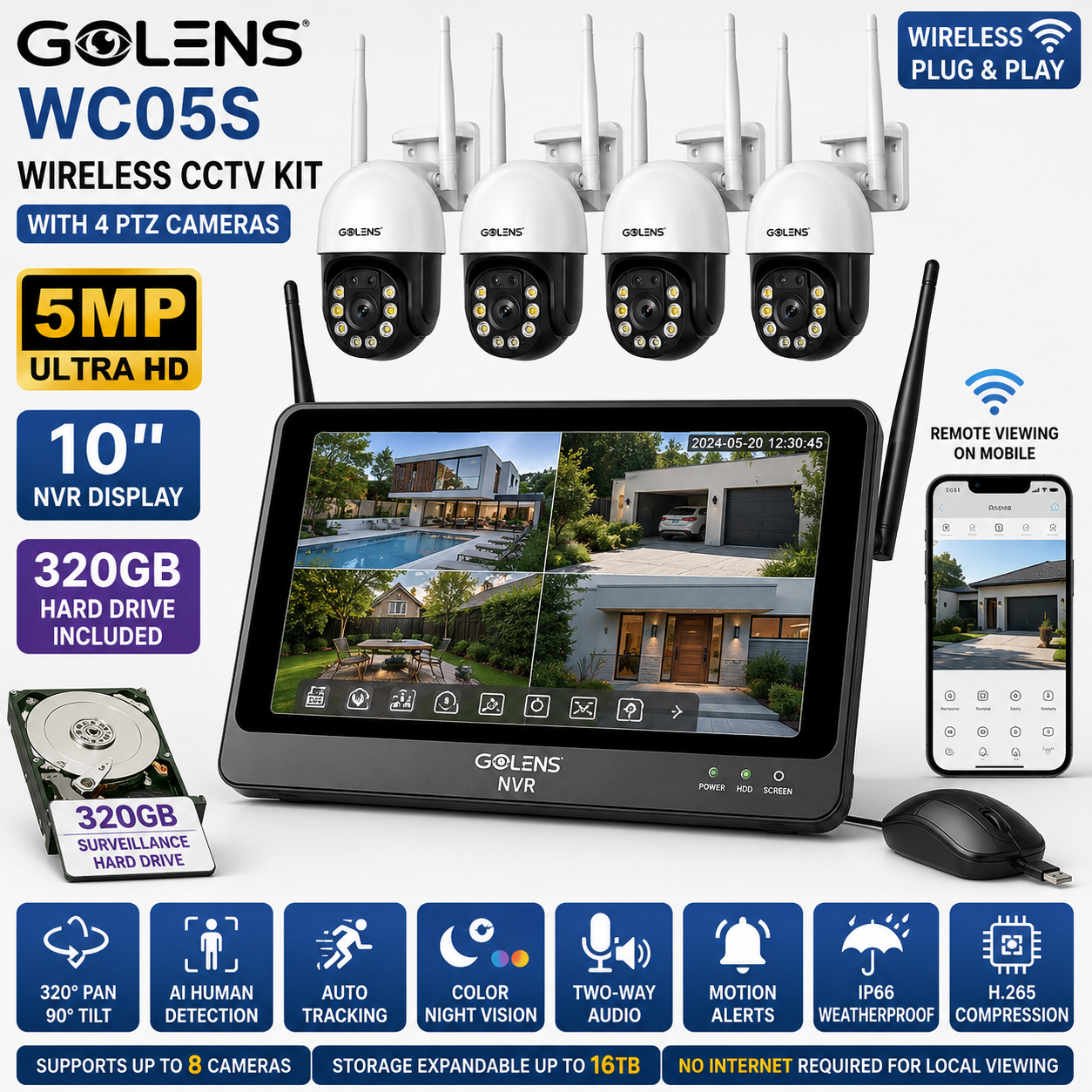 GOLENS WC05S NVR CCTV Kit - 4 WiFi PTZ Cameras + DISPLAY