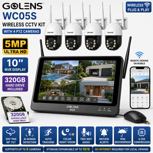 GOLENS WC05S NVR CCTV Kit - 4 WiFi PTZ Cameras + DISPLAY