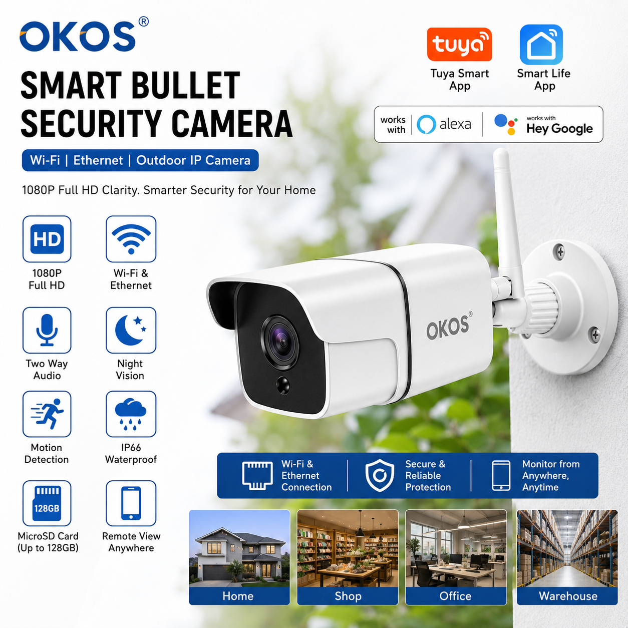 OKOS Smart Bullet Security Camera | 1080P Full HD | Wi-Fi + Ethernet | Outdoor IP Camera | Tuya Smart