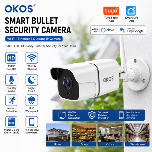 OKOS Smart Bullet Security Camera | 1080P Full HD | Wi-Fi + Ethernet | Outdoor IP Camera | Tuya Smart