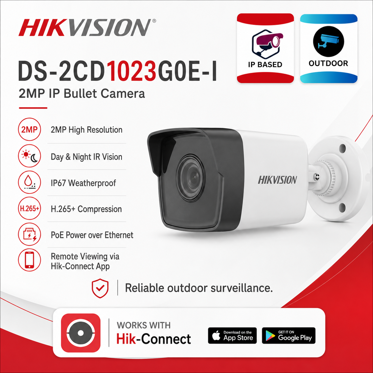 HIKVISION 2MP IP Bullet Camera (PoE, 4mm, 30m IR, H.265+)