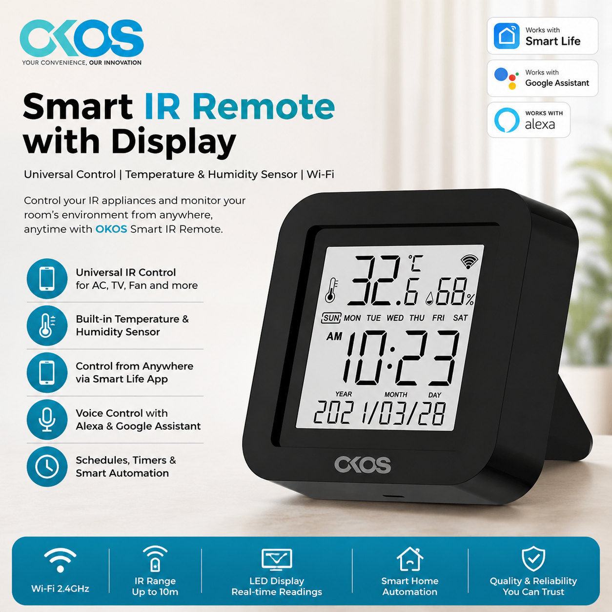 OKOS Smart IR Remote with Display | Wi-Fi IR Blaster | Temperature & Humidity Sensor | Smart Life App | Alexa & Google Assistant