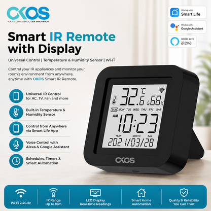 OKOS Smart IR Remote with Display | Wi-Fi IR Blaster | Temperature & Humidity Sensor | Smart Life App | Alexa & Google Assistant
