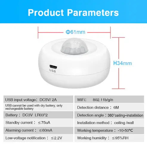 OKOS Smart Wi-Fi PIR Motion Sensor (AAA Battery + USB)