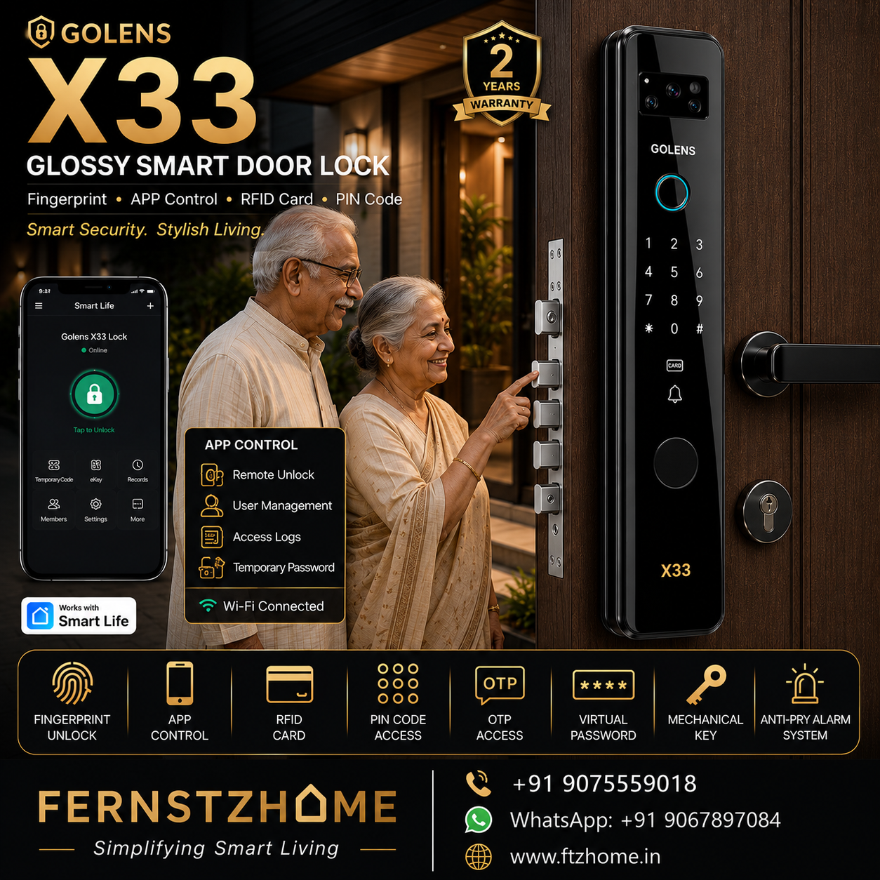 GOLENS X33 (Glossy) Smart Door Lock