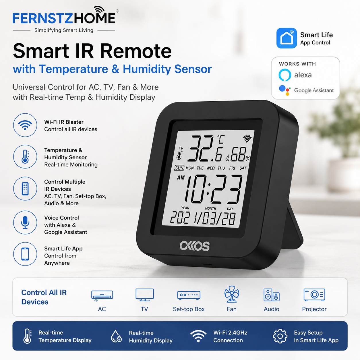 OKOS Smart IR Remote with Display | Wi-Fi IR Blaster | Temperature & Humidity Sensor | Smart Life App | Alexa & Google Assistant