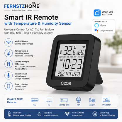 OKOS Smart IR Remote with Display | Wi-Fi IR Blaster | Temperature & Humidity Sensor | Smart Life App | Alexa & Google Assistant